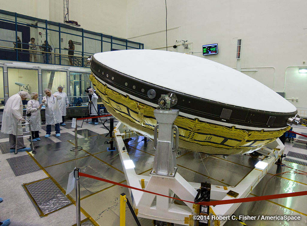 The LDSD test article in the clean room at NASA's Jet Propulsion Laboratory, preparing for shipment to Hawaii for its first test launch this summer. LDSD will help land bigger space payloads on Mars or return them back to Earth. Photo Credit: AmericaSpace / Robert Fisher