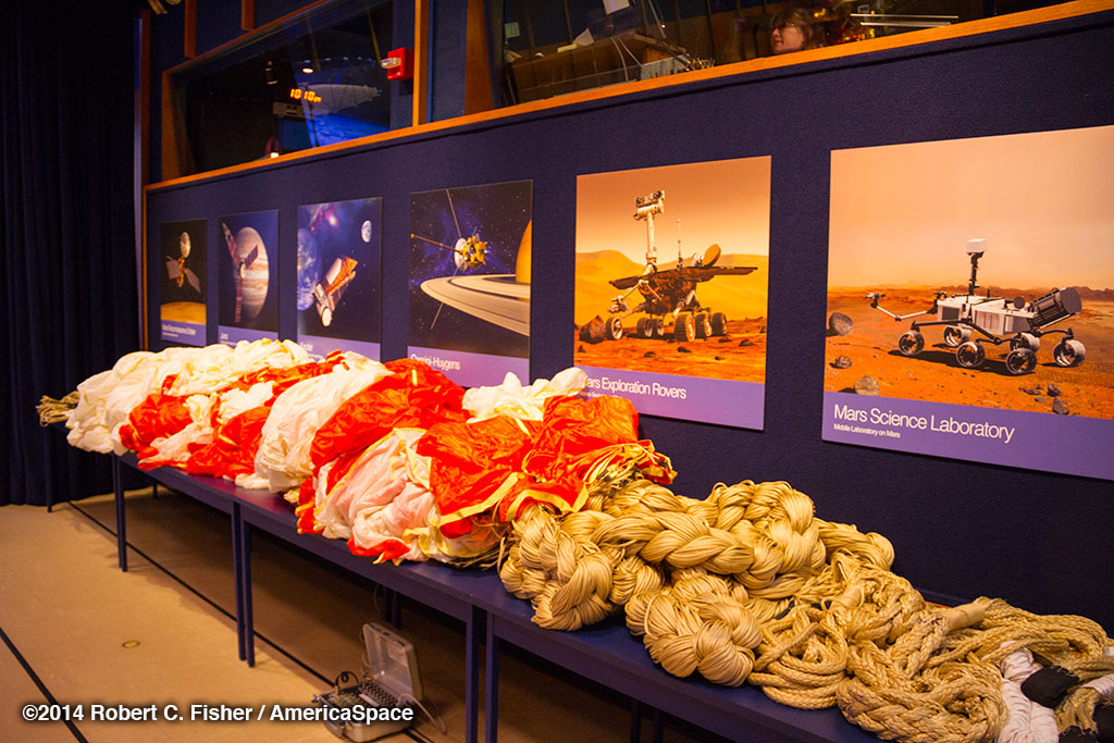 A 1/3 scale LDSD parachute used for wind tunnel testing at NASA's AMES Research Center last fall.