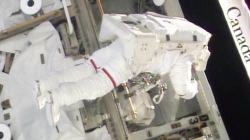 During their EVA together, Rick Mastracchio (pictured) and Steve Swanson completed one of the shortest EVAs in ISS program history. Photo Credit: NASA TV