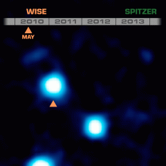 The fast motion of WISE J085510.83-071442.5 across the sky, as seen in this animation consisting of two pairs of infrared images, taken with NASA's WISE and Spitzer Space Telescopes during May and November 2013 and June 2013 and January 2014 respectively. Image Credit: NASA/JPL-Caltech/Penn State University