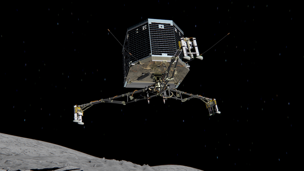From the European Space Agency: "Artist's impression of Philae descending to the surface of comet 67P/CG." Image Credit: ESA/ATG medialab
