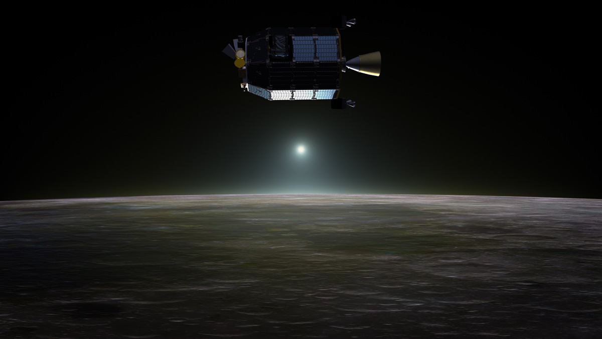 Depiction of NASA's Lunar Atmosphere and Dust Environment Explorer (LADEE) observatory as it approaches lunar orbit.Credit: NASA Ames/Dana Berry