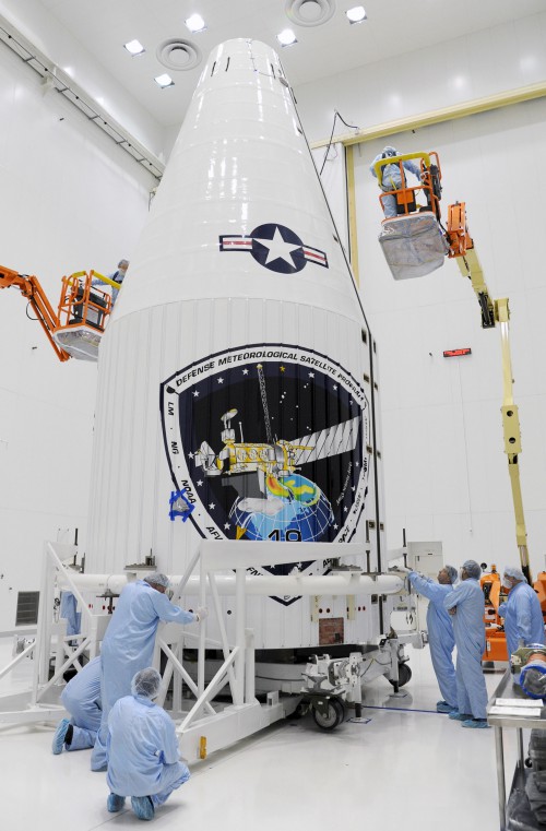 The DMSP Block 5D3 Flight 19 satellite is encapsulated in its Atlas V payload fairing at Vandenberg Air Force Base, Calif. Photo Credit: ULA