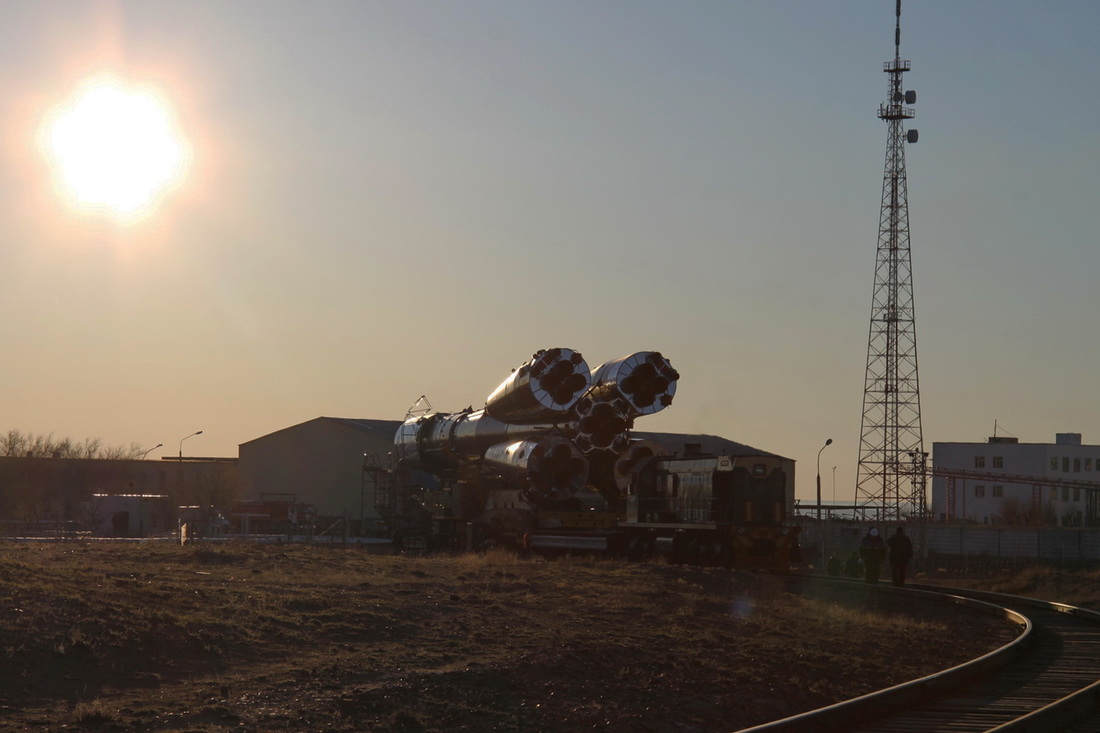 Atop its Soyuz-U booster, EgyptSat-2 is transferred to Site 31/6 at Baikonur on Monday, 14 April. Photo Credit: Roscosmos