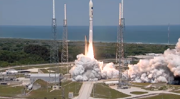 Powered by a Russian-built RD-180 engine and its four solid-fuelled rocket boosters, the 45th Atlas V takes flight. With 44 outright successes, and just one partial failure, its 97.8-percent success rate makes the Atlas one of the most reliable launch vehicles in the world. Photo Credit: ULA, with thanks to Mike Barrett