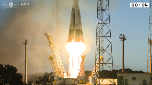 The Soyuz-Fregat vehicle launches the Sentinel-1A radar-imaging satellite in early 2014. The vehicle which will loft the Galileo FOC-1 twins is of similar configuration. Photo Credit: Arianespace