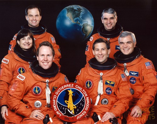 The STS-59 crew was tasked with operating a battery of radar instruments around the clock. Left row (front to back) are Tom Jones, Linda Godwin and Kevin Chilton; right row (front to back) are Jay Apt, Michael "Rich" Clifford and Sid Gutierrez. Photo Credit: NASA