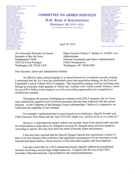 2014 04 29 Rep Rogers Letter to SECAF and NASA Admin