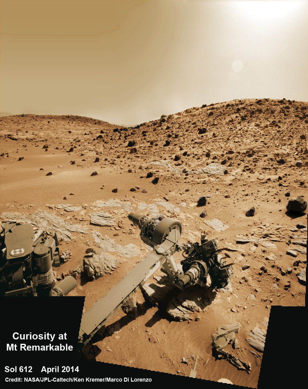 Multisol composite photo mosaic shows deployment of Curiosity’s rovers robotic arm and APXS X-ray spectrometer onto the ‘Winjana’ rock target at Mount Remarkable for evaluation as missions third drill target inside Gale Crater on Mars. The navcam raw images were stitched together from several Martian days up to Sol 612, April 26, 2014 and colorized. Credit: NASA/JPL-Caltech/Ken Kremer - kenkremer.com/Marco Di Lorenzo