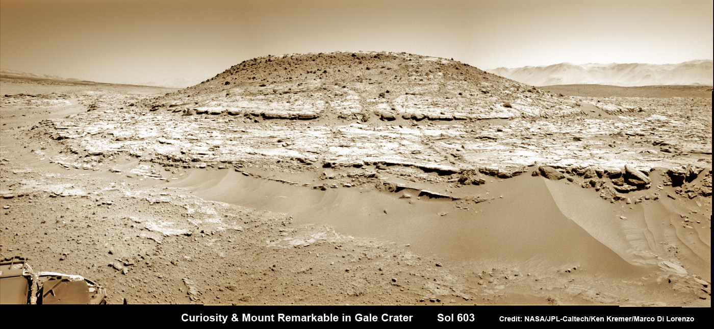 Curiosity’s Panoramic view of Mount Remarkable at ‘The Kimberley Waypoint’ where rover will conduct 3rd drilling campaign inside Gale Crater on Mars. The navcam raw images were taken on Sol 603, April 17, 2014, stitched and colorized. Credit: NASA/JPL-Caltech/Ken Kremer – kenkremer.com/Marco Di Lorenzo