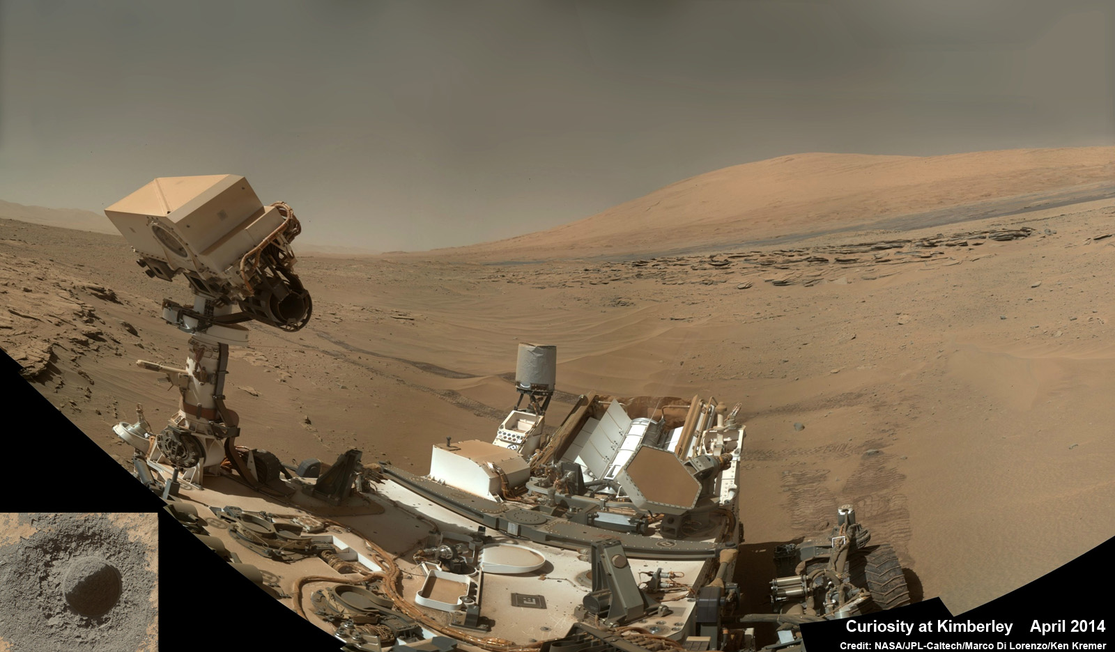 Curiosity snaps a new selfie at Kimberley waypoint with towering Mount Sharp backdrop on April 27, 2014 (Sol 613). Inset shows MAHLI camera image of rovers mini-drill test operation on April 29, 2014 (Sol 615) into “Windjama” rock target at Mount Remarkable butte.  MAHLI color photo mosaic assembled from raw images snapped on Sol 613, April 27, 2014. Credit: NASA/JPL/MSSS/Marco Di Lorenzo/Ken Kremer - kenkremer.com 