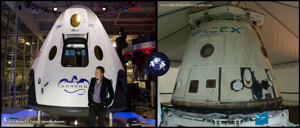 A side by side comparison of the Dragon V1 (right) and Dragon V2 (left). The Dragon V1 pictured was the actual spacecraft flown on the COTS-1 mission in Dec 2010, which marked the first time a commercial company launched a spacecraft into orbit and returned it safely back to Earth. Photo Credits: Robert Fisher / Mike Killian / AmericaSpace