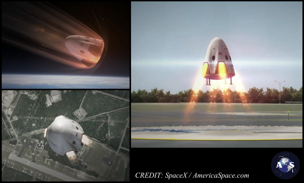 Artist's illustration showing various stages of the Dragon V2 spacecraft's unique propulsive landing ability, allowing for landings almost anywhere in the world. Image Credits: SpaceX / AmericaSpace