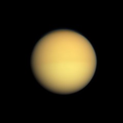 Titan's thick global upper atmospheric haze perpetually obscures our view of the atmosphere and surface below. Photo Credit: NASA/JPL-Caltech