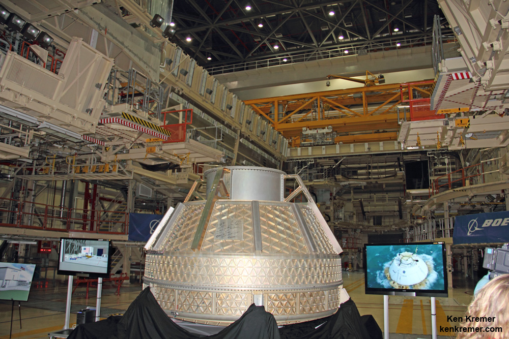 Early version of Boeing CST-100 pressure vessel mockup inside OPF-3 and surrounded by shuttle era scaffolding at the Kennedy Space Center, FL. Credit: Ken Kremer – kenkremer.com