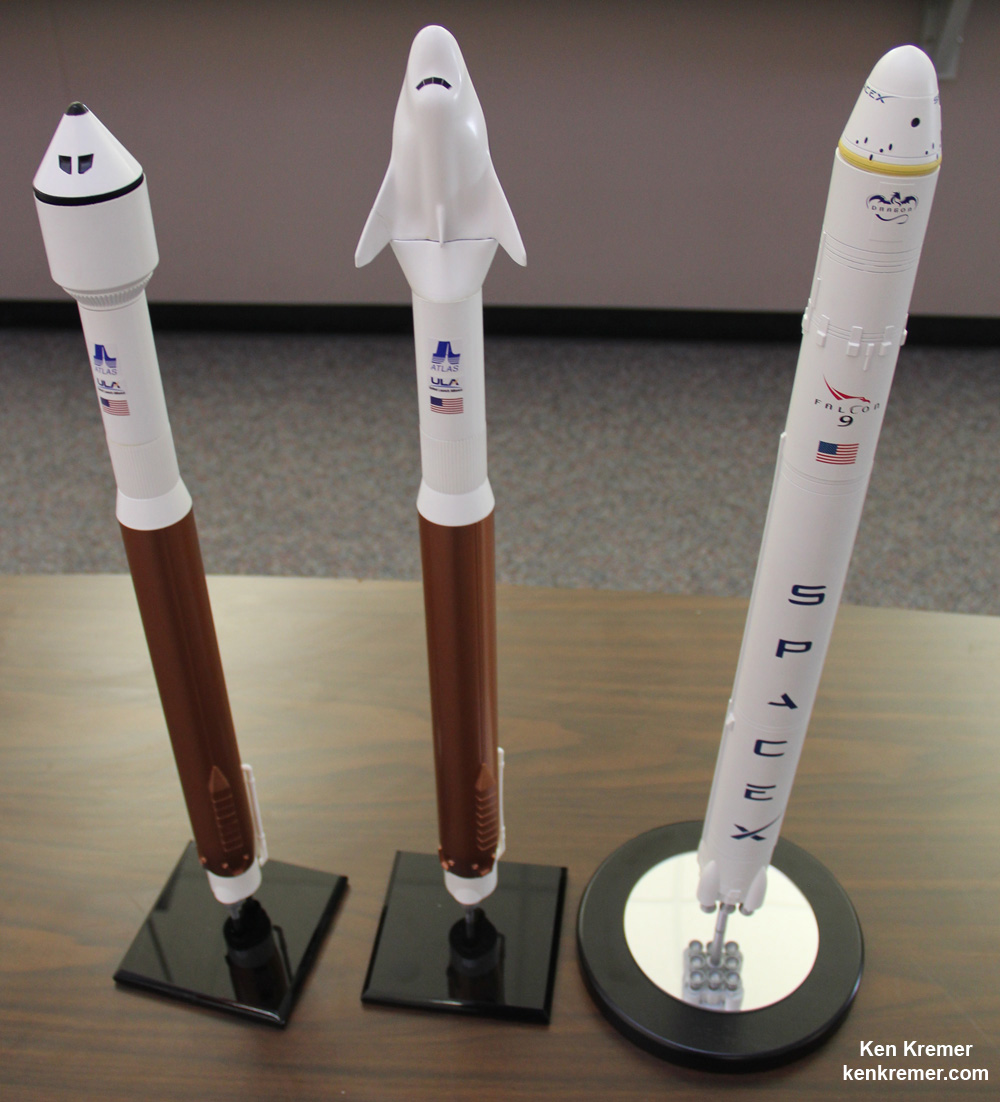 Scale models of NASA’s Commercial Crew program vehicles and launchers; Boeing CST-100, Sierra Nevada Dream Chaser, SpaceX Dragon. Credit: Ken Kremer/kenkremer.com