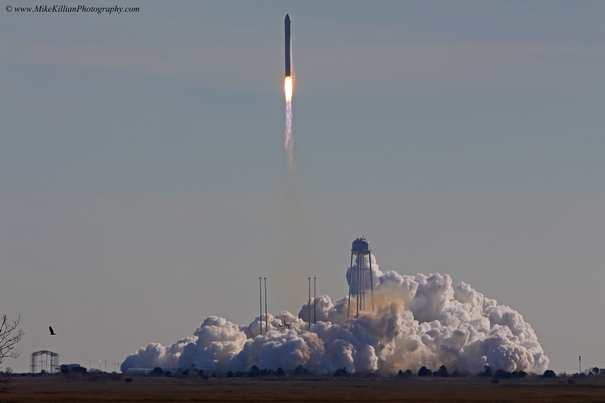 An Orbital Sciences Antares rocket launching on the company's first contracted ISS resupply mission for NASA Jan. 16, 2014. Orbital's next ISS resupply mission is now delayed to at least June 17, and may be delayed further. Photo Credit: Mike Killian / AmericaSpace