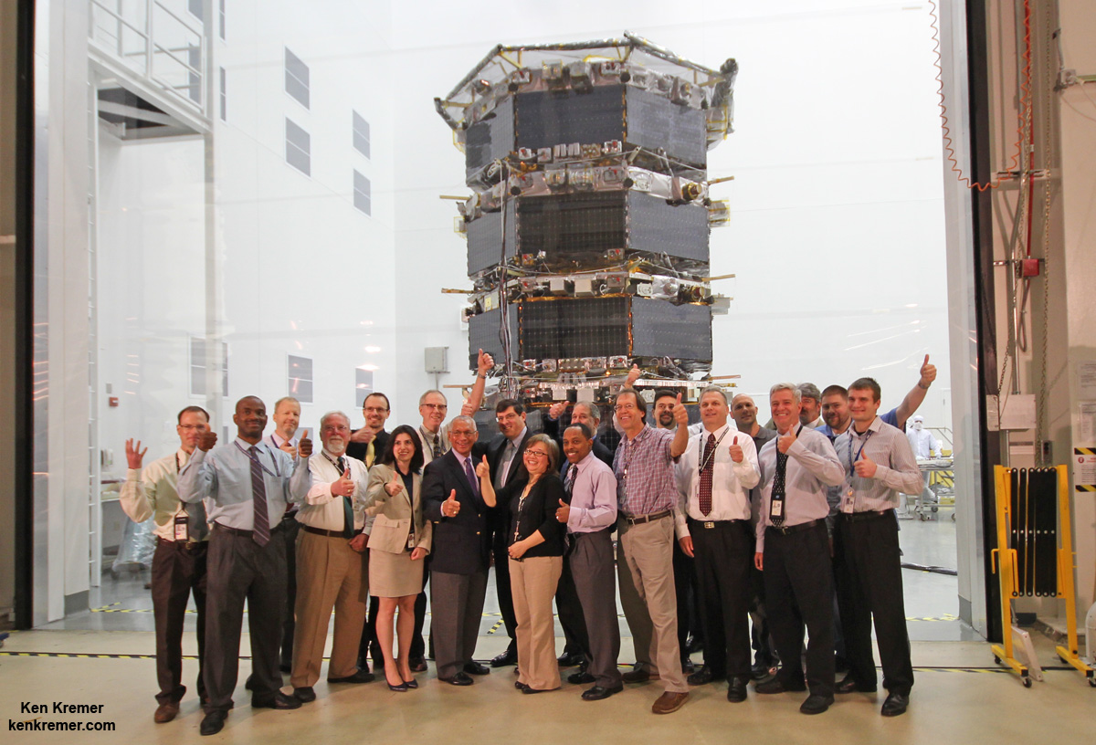 NASA Administrator Charles Bolden poses with the agency’s Magnetospheric Multiscale (MMS) spacecraft, mission personnel, Goddard Center Director Chris Scolese and NASA Associate Administrator John Grunsfeld, during visit to the cleanroom at NASA's Goddard Space Flight Center in Greenbelt, Md., on May 12, 2014.  Credit: Ken Kremer- kenkremer.com