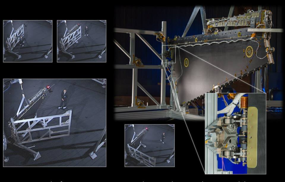 Staging, the first motion of deployment, begins with separation from the spacecraft wall, and then the wing would rotate 90° away from the spacecraft. This phase of deployment is powered by simple springs, and the rate is slowed by a flight-proven viscous damper. In this testing one panel of the wing is held static, and the spacecraft rotates away. The wing is in place to automatically begin the next phase of deployment. 