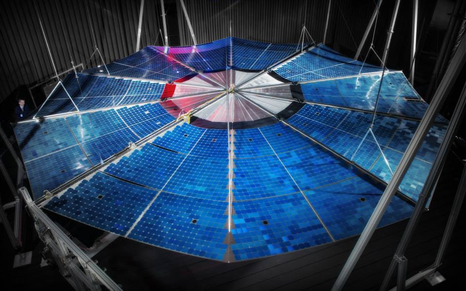 ATK’s MegaFlex™ is an innovative solar array design that includes a unique circular architecture, revolutionary unfurling mechanism, and cutting-edge materials, which provide high power, low mass and small stowed volume – all critical performance metrics for achieving a wide variety of challenging space exploration missions. ATK completed testing at NASA’s Glenn Research Center in March of 2014, which demonstrated and validated the MegaFlex technology. Photo Credit: NASA / Chris Lynch