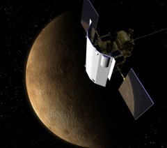 An artist's impression of the MESSENGER spacecraft in orbit around Mercury. Image Credit: NASA/Johns Hopkins University Applied Physics Laboratory/Carnegie Institution of Washington