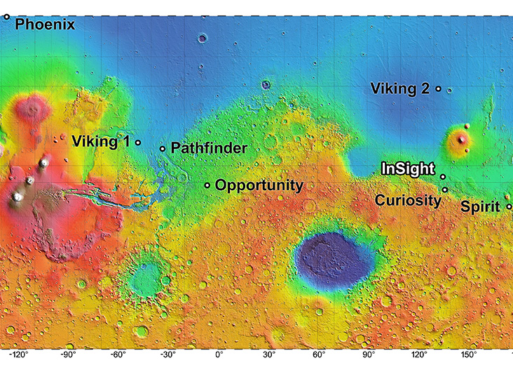 Landing zone for InSight, NASA's next Mars lander planned for touchdown in September 2016, has been narrowed to the Elysium Planitia region. This near-global topographic map also indicates landing sites of current and past NASA missions to the surface of the Red Planet. Credit: NASA