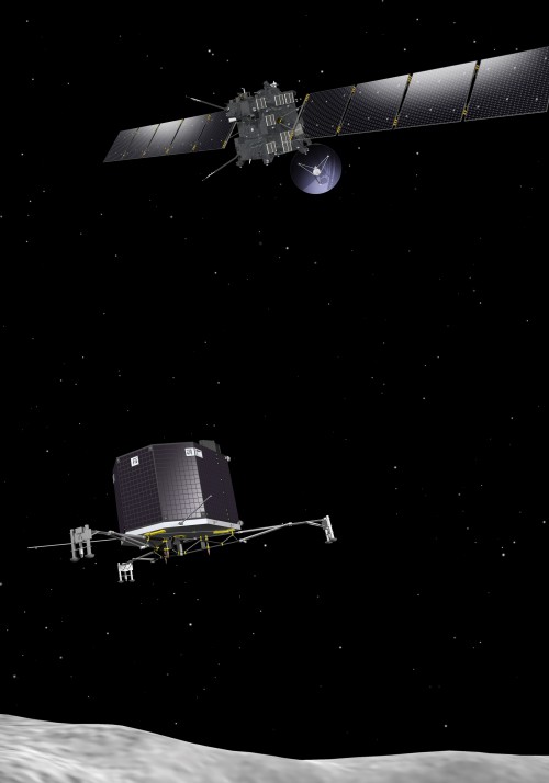 An artist's rendering depicts Rosetta deploying its Philae lander to comet 67P/Churyumov–Gerasimenko. If all goes as planned, the touchdown will take place in November. Image Credit: ESA–J. Huart