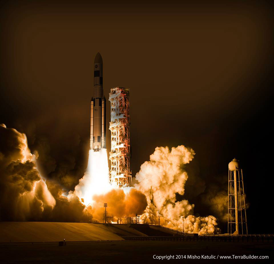 Artist's concept of NASA's Space Launch System launching at night. Image Credit: Misho Katulic / www.TerraBuilder.com