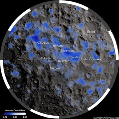 A map of the most likely locations of water ice deposits on the Moon's south polar regions, created from neutron absorption data taken with NASA's Lunar Reconnaissance Orbiter. Image Credit: NASA/Goddard Space Flight Center