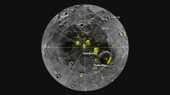 A radar image of Mercury's north polar region acquired by the Arecibo Observatory, superposed on a mosaic of MESSENGER images of the same area. All of the larger water ice polar deposits are located on the floors or walls of impact craters. Deposits farther from the pole are seen to be concentrated on the north-facing sides of craters. Image Credit/Caption: NASA/Johns Hopkins University Applied Physics Laboratory/Carnegie Institution of Washington/National Astronomy and Ionosphere Center, Arecibo Observatory