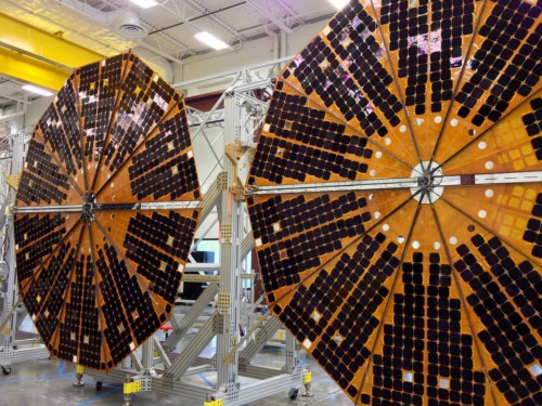 The MegaFlex solar array is based on ATK's highly successful spaceflight-proven UltraFlex™ solar array which powered NASA's Phoenix Lander on the surface of Mars in 2008, and will also power the Mars InSight spacecraft landing in 2016. Photo Credit: ATK
