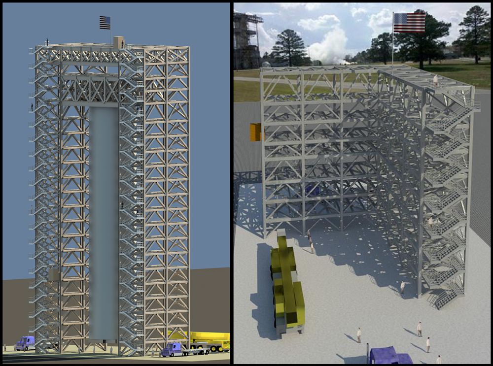 The 215-foot tall Test Stand 4693 (left) will be used for structural loads testing on the SLS liquid hydrogen tank. The 85-foot tall Test Stand 4697 (right) will be used for structural loads testing on the SLS core stage liquid oxygen tank and forward skirt. Image Credits: NASA/MSFC