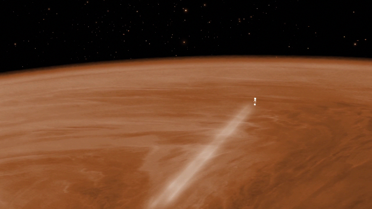 ESA's Venus Express spacecraft has recently completed its 8-year mission in orbit around Venus and is currently scheduled to conduct a series of aerobraking manoeuvres at the upper layers of the Venusian atmosphere, from 18 June to 11 July. Eventually, the spacecraft will plunge into the atmosphere and the mission will end. Image Credit: ESA–C. Carreau