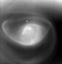 An image of the Venus' south polar vortex, taken by the Visible and Infrared Thermal Imaging Spectrometer (VIRTIS) on board the Venus Express spacecraft. The image shows a region in the Venusian atmosphere about 60 km from the surface, at a wavelength of about 5 micrometres. The yellow dot in the image indicates the location of the south pole. Image Credit/Caption: ESA/VIRTIS/INAF-IASF/Obs. de Paris-LESIA/Univ. of Oxford