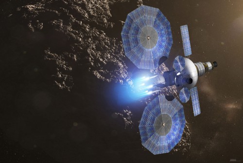 Artist's concept of ATK's MegaFlex solar array technology powering a future SEP mission. Image Credit: ATK