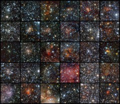 A photo collage of 30 open star clusters in the Milky Way galaxy, discovered using data from the VISTA infrared survey telescope at ESO’s Paranal Observatory in Chile. Most stars including the Sun, are believed to have been members of similar open clusters in the past, following their formation. Image Credit: ESO/J. Borissova