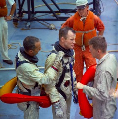 Gemini IV crewmen Jim McDivitt (left) and Ed White prepare for a water egress training exercise in the Gulf of Mexico in April 1965. Photo Credit: NASA