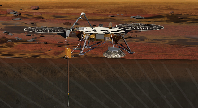 NASA’s Interior Exploration Using Seismic Investigations, Geodesy and Heat Transport (InSight) mission will pierce beneath the Martian surface to study its interior. Insight will hammer the deepest ever hole into the Red Planet to elucidate clues to the Martian core and how Earth-like planets formed.  Launch is scheduled for March 2016.  Credit:  NASA