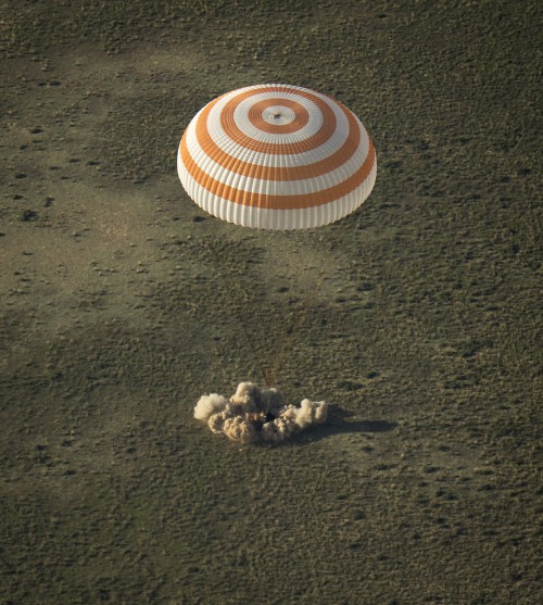Like so many of its predecessors, Soyuz TMA-13M touched down in Kazakhstan, guided by parachutes and solid-fuelled landing rockets. Photo Credit: NASA