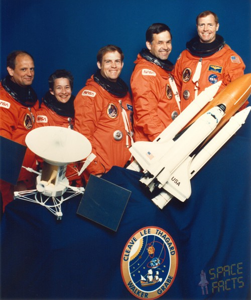 Pictured with models of the shuttle and Magellan, the STS-30 crew were (left to right) Norm Thagard, Mary Cleave, Mark Lee, Ron Grabe and Dave Walker. Photo Credit: NASA