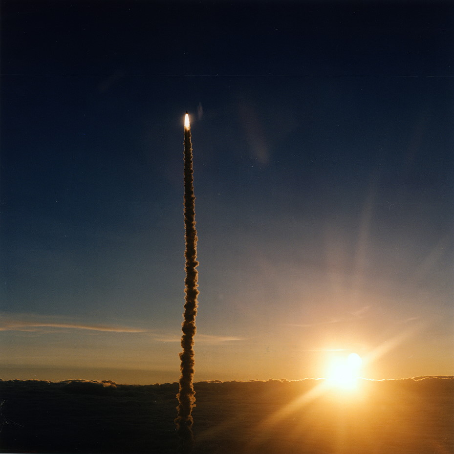 At the cusp of daybreak on 19 May 1996, Endeavour thunders into orbit to begin the multi-faceted STS-77 mission. Photo Credit: NASA