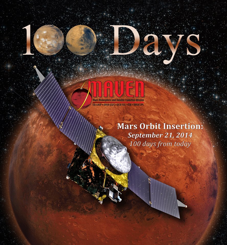 MAVEN - NASA’s next Red Planet orbiter - marks 100 days from Mars orbit insertion (MOI) engine firing on Friday the 13, 2014. MAVEN arrives at Mars on September 21, 2014.  Credit: NASA 
