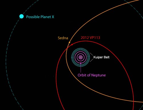 The orbits of Sedna (yellow) and 2012 VP113 (red), compared with the rest of the Solar System. The orbit of one of the massive planets hypothesized in a new study by Spanish astronomers Carlos and Raul de la Fuente Marcos, is shown in blue (at upper left). Image Credit: Scott S. Sheppard/Carnegie Institution for Science/Bob King (astrobob.areavoices.com)
