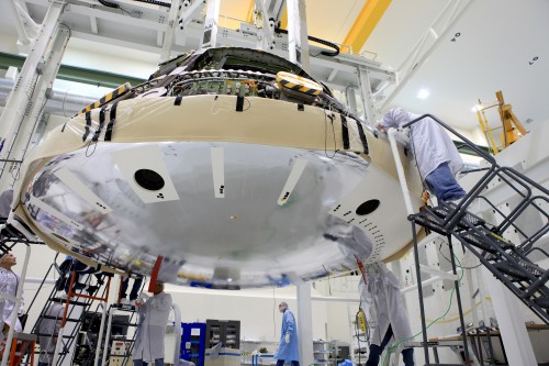 The heat shield installed on NASA's Orion spacecraft for its upcoming EFT-1 flight in December 2014. Photo Credit: NASA / Daniel Casper