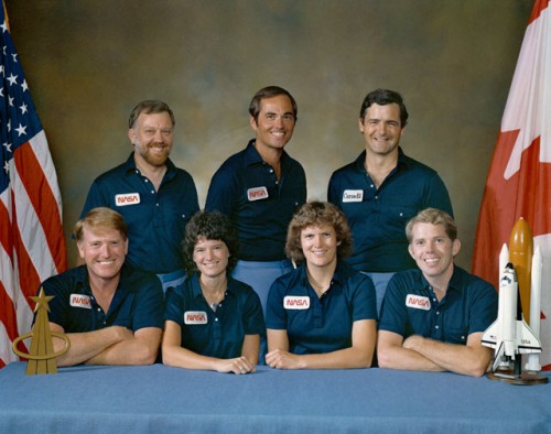 The crew of Mission 41G included Dave Leestma (seated, far right) on his first shuttle flight. Photo Credit: NASA
