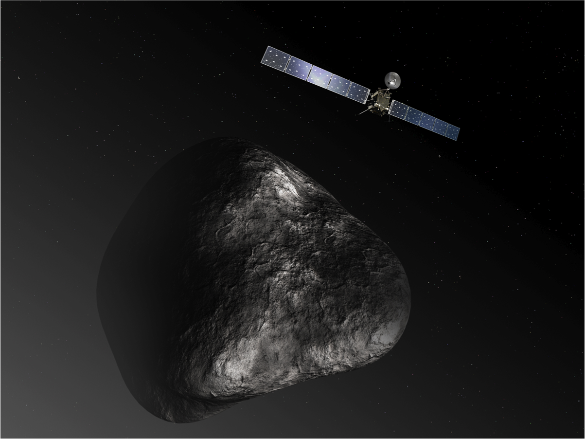 Artist's impression of Rosetta at comet 67P/Churyumov–Gerasimenko (image not to scale). Image Credit: ESA/ATG Medialab