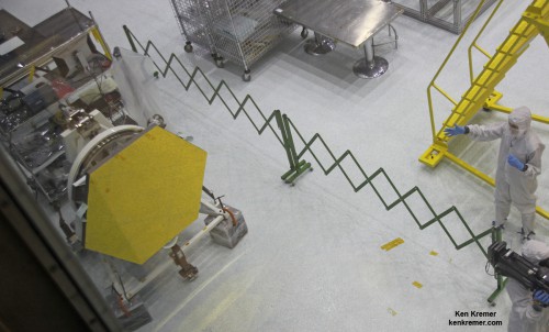 Gold coated flight spare of a JWST primary mirror segment made of beryllium and used for test operations inside the NASA Goddard clean room.  Credit: Ken Kremer- kenkremer.com