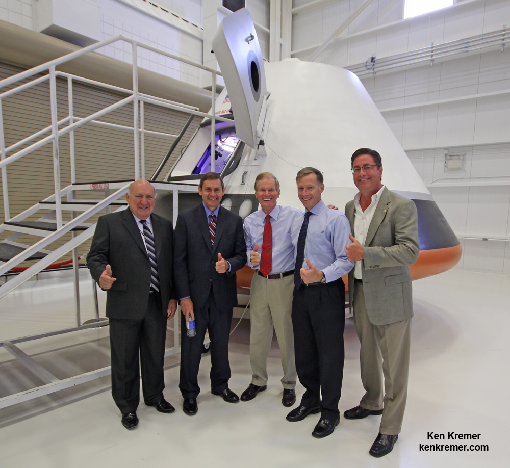 Boeing CST-100 spaceship unveiled at Kennedy Space Center FL on June 9, 2014 will launch atop man rated ULA Atlas V rocket.  Posing from left to right; Frank DelBello, Space Florida, John Elbon, Boeing VP Space Exploration, US Sen. Bill Nelson (FL), final shuttle commander Chris Ferguson, Boeing Director of Crew and Mission Operations and John Mulholland, Boeing VP Commercial Space Exploration.  Credit: Ken Kremer - kenkremer.com