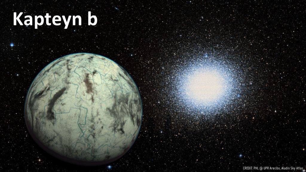 Artistic representation of the recently-discovered potentially habitable world Kapteyn b, with the globular cluster Omega Centauri in the background. It is believed that the Omega Centauri is the remaining core of a dwarf galaxy that merged with our own galaxy billions of years ago bringing Kapteyn's star along. Credit/Caption: PHL @ UPR Arecibo, Aladin Sky Atlas.