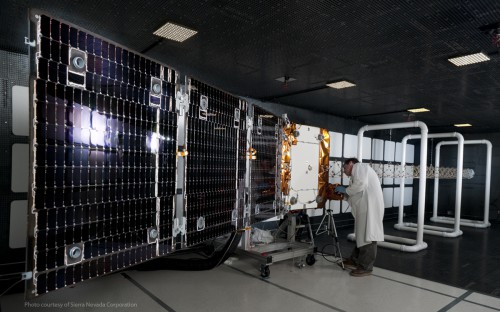 One of the ORBCOMM OG-2 satellite preparing for testing ahead of launch. Photo Credit: Sierra Nevada Corp.